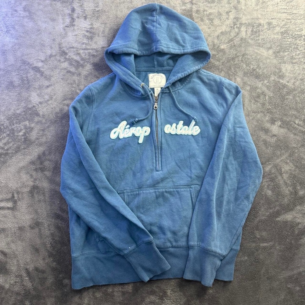 Aeropostale Half Zip Hoodie Womens  XL Blue 1987 Chenille Logo Streetwear